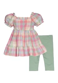 Girls 7-16 Seersucker Puff Sleeve Top and Solid Leggings Set