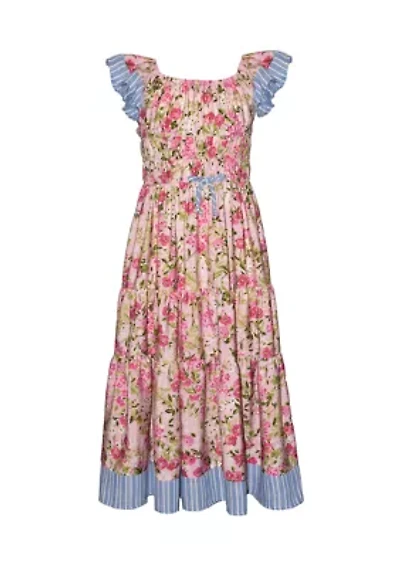 Girls 7-16 Flutter Sleeve Floral Stripe Maxi Dress