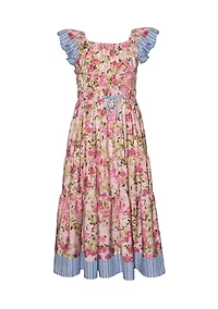 Girls 7-16 Flutter Sleeve Floral Stripe Maxi Dress