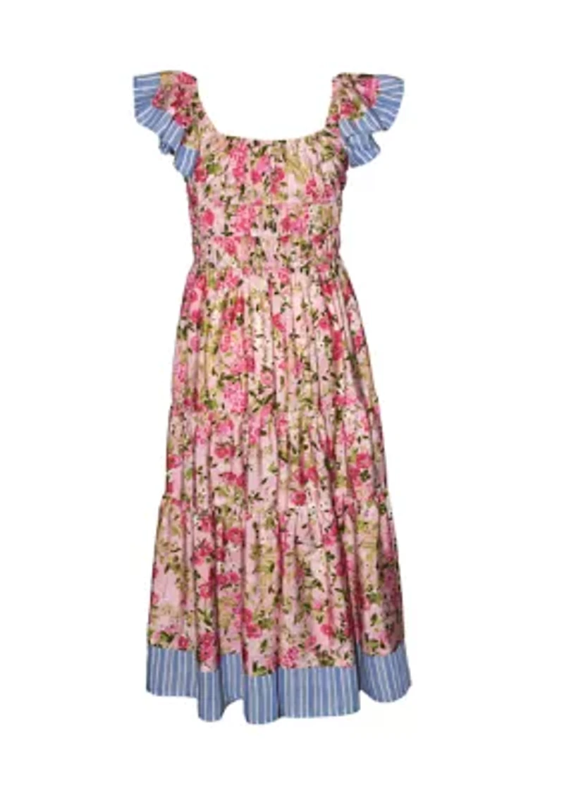 Girls 7-16 Flutter Sleeve Floral Stripe Maxi Dress