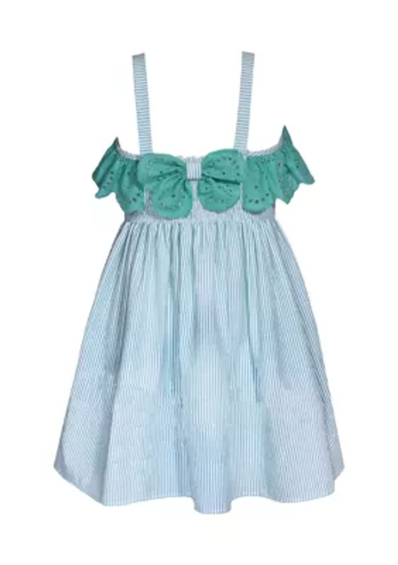 Girls 4-6x Seersucker Dress with Eyelet Ruffle Trim