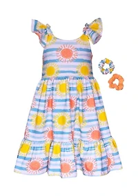 Girls 4-6x Sun and Sea Printed Dress with Scrunchies