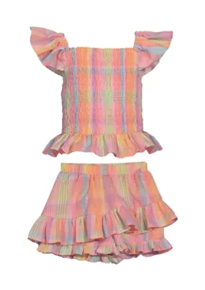 Girls 4-6x Smocked Ruffle Plaid Printed Top and Skort Set