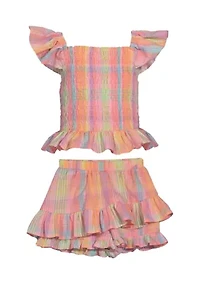 Girls 4-6x Smocked Ruffle Plaid Printed Top and Skort Set