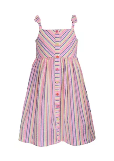 Girls 7-16 Seersucker Faux Button Front Bow Shoulder Strap Dress