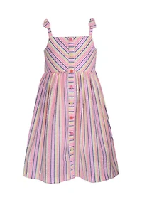 Girls 7-16 Seersucker Faux Button Front Bow Shoulder Strap Dress
