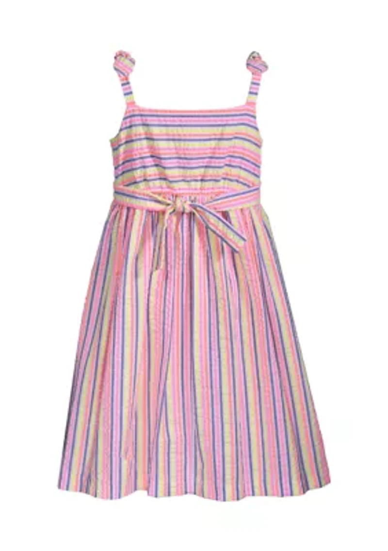 Girls 7-16 Seersucker Faux Button Front Bow Shoulder Strap Dress