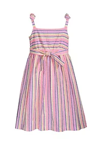 Girls 7-16 Seersucker Faux Button Front Bow Shoulder Strap Dress