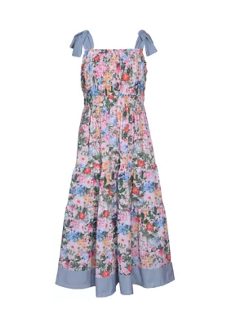 Girls 7-16 Floral Printed Tie Shoulder Dress