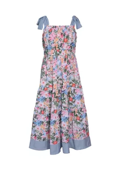 Girls 7-16 Floral Printed Tie Shoulder Dress