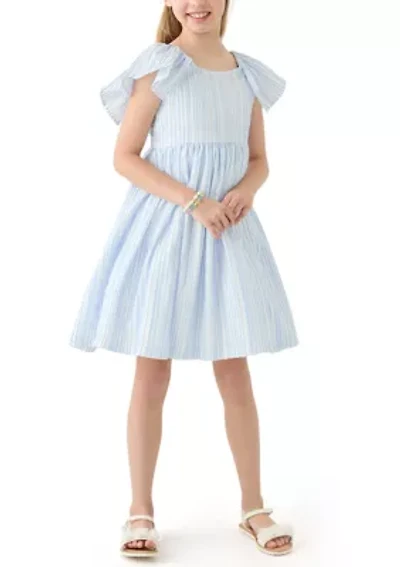 Girls 7-16 Blue Stripe Flutter Sleeve Dress