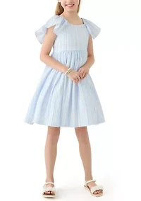 Girls 7-16 Blue Stripe Flutter Sleeve Dress