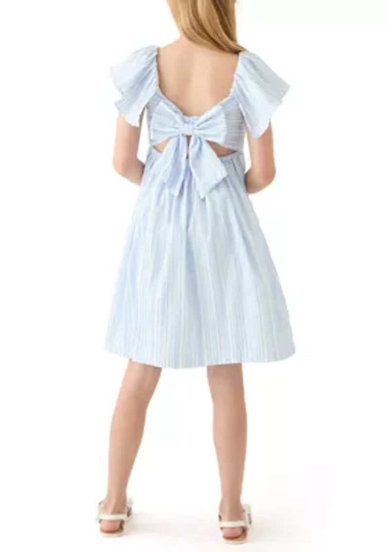 Girls 7-16 Blue Stripe Flutter Sleeve Dress