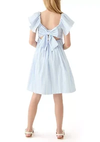 Girls 7-16 Blue Stripe Flutter Sleeve Dress