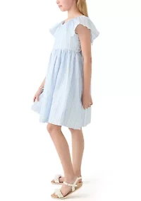 Girls 7-16 Blue Stripe Flutter Sleeve Dress