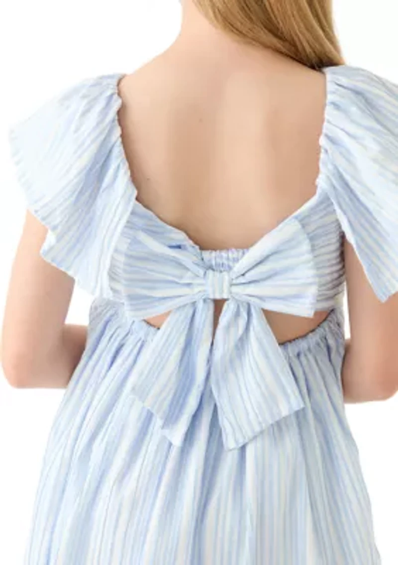 Girls 7-16 Blue Stripe Flutter Sleeve Dress