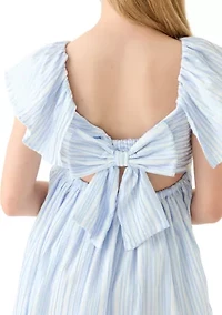 Girls 7-16 Blue Stripe Flutter Sleeve Dress