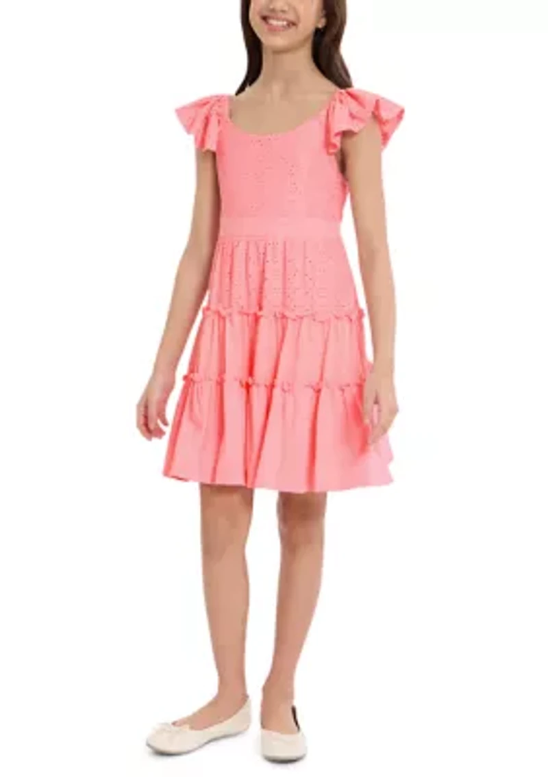 Girls 7-16 Eyelet Striped Mixed Dress