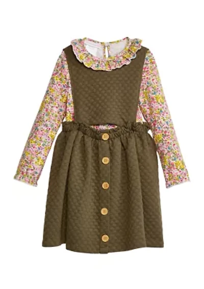 Girls 4-6x Long Sleeve Button Front Bib Printed Dress