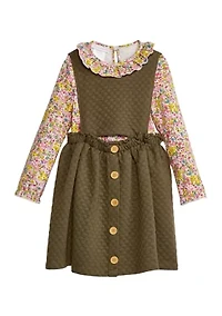 Girls 4-6x Long Sleeve Button Front Bib Printed Dress