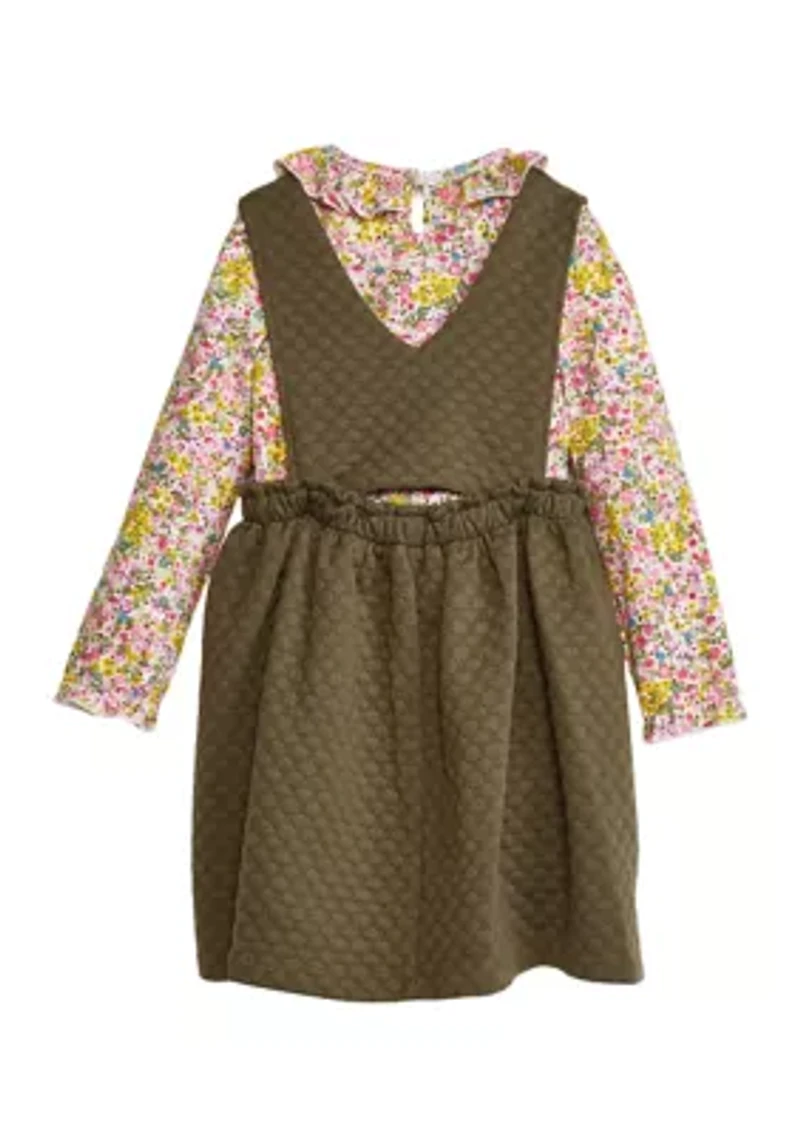 Girls 4-6x Long Sleeve Button Front Bib Printed Dress