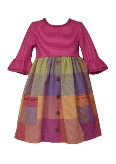 Girls 4-6x Bright Stripe Top to Plaid Skirt Dress