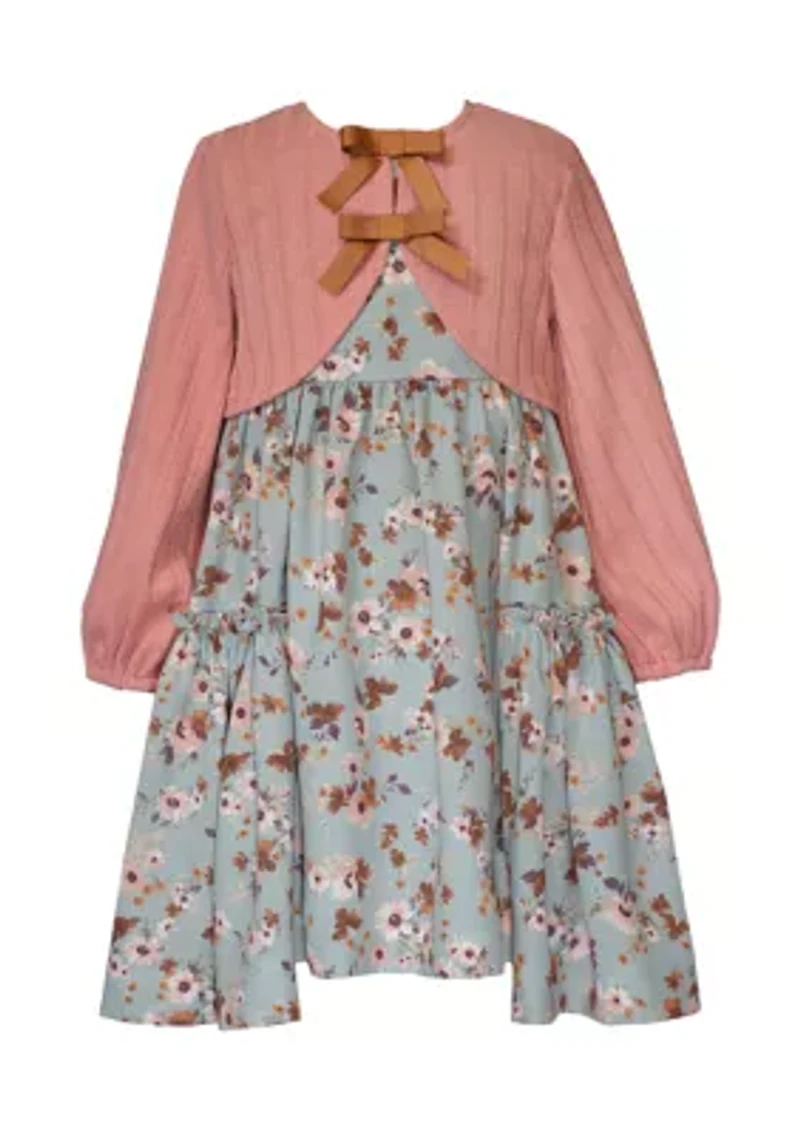 Girls 4-6x  Floral Dress and Solid Ribbed Cardigan Set