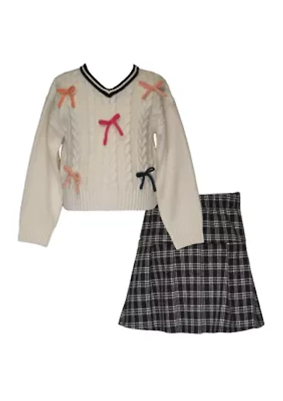 Girls 7-16 Bow Sweater and Plaid Skirt Set