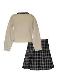 Girls 7-16 Bow Sweater and Plaid Skirt Set
