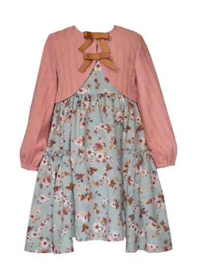 Girls 7-16 Floral Dress and Solid Ribbed Cardigan Set