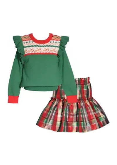 Girls 4-6x Christmas Sweatshirt and Plaid Skirt Set
