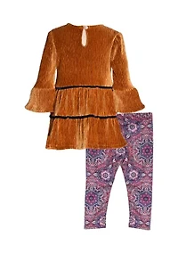 Girls 4-6x Tiered Velvet Top and Printed Leggings Set