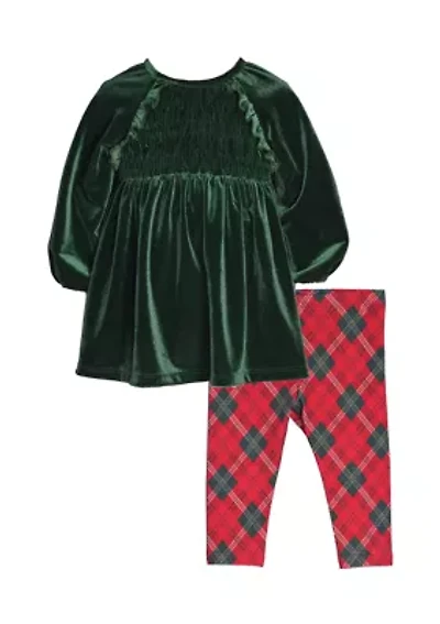 Girls 4-6x Velvet Top and Plaid Leggings Set