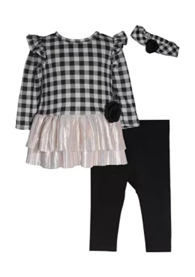 Girls 4-6x Check Knit Top and Leggings Set with Headwrap