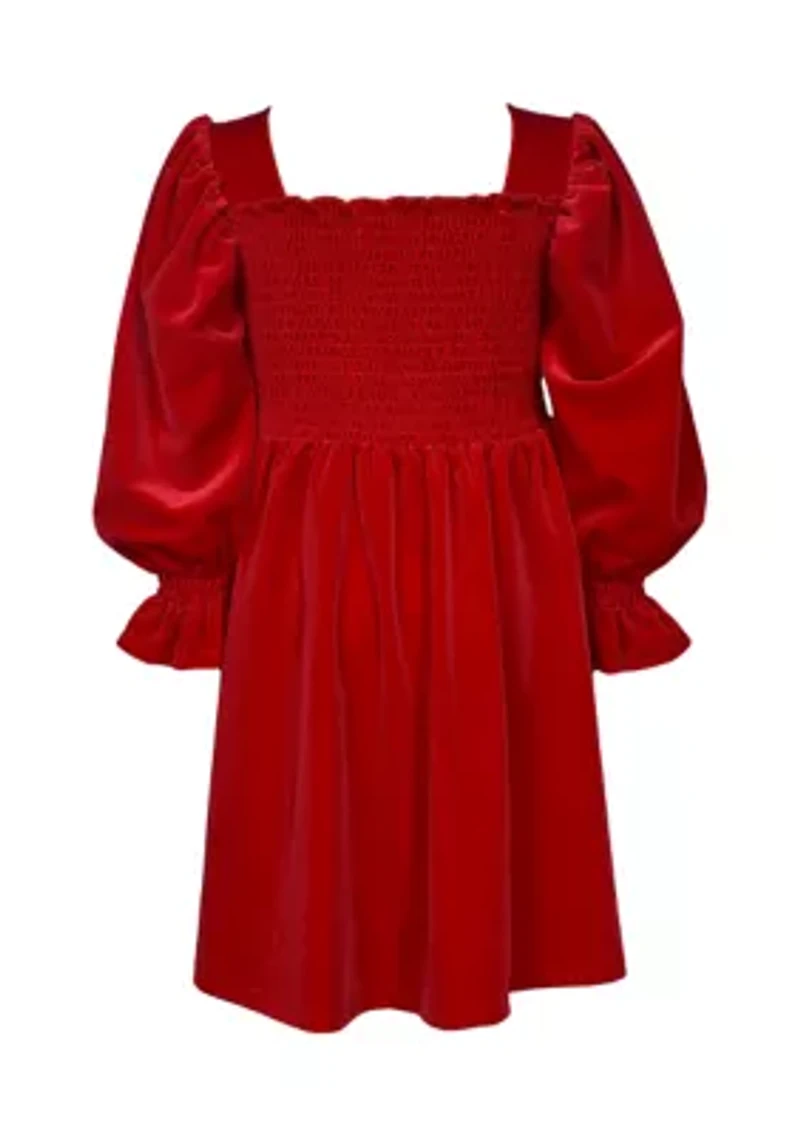 Girls 7-16 Long Sleeve Smocked Velvet Dress