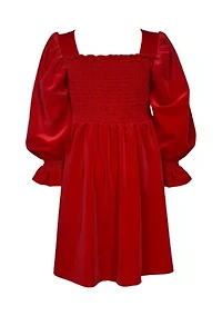 Girls 7-16 Long Sleeve Smocked Velvet Dress