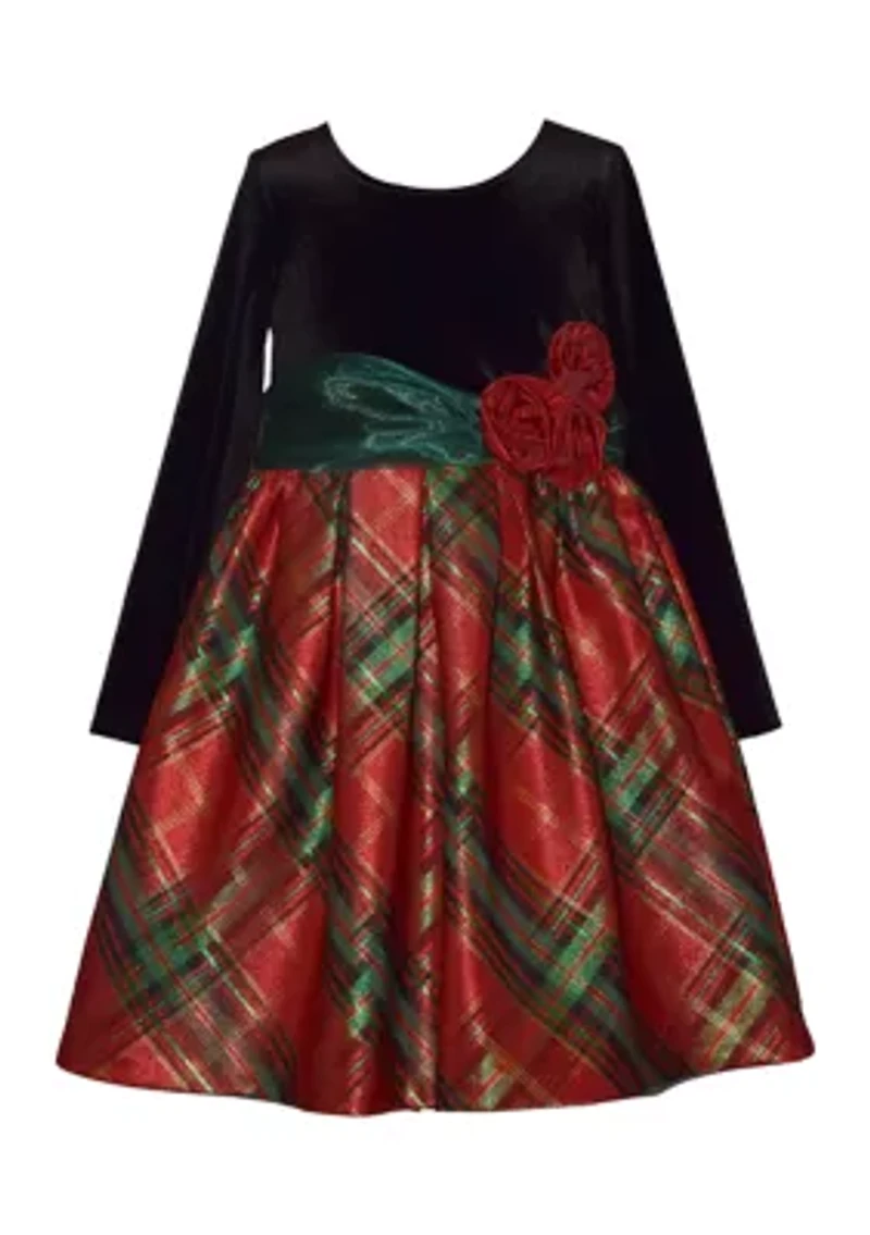 Girls 4-6x Velvet Bodice Dress with Holiday Plaid Skirt