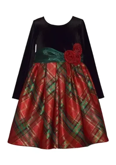 Girls 4-6x Velvet Bodice Dress with Holiday Plaid Skirt