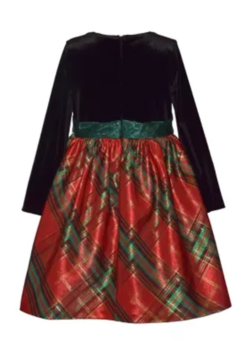 Girls 4-6x Velvet Bodice Dress with Holiday Plaid Skirt