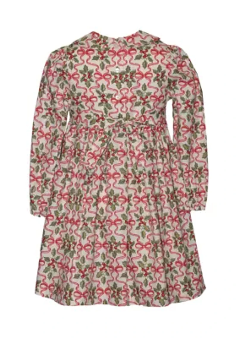 Girls 4-6x Long Sleeve Smocked Holly Bow Dress