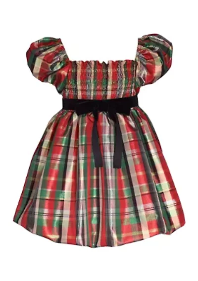 Girls 7-16 Smocked Plaid Dress with Bubble Hem