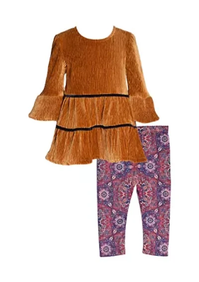Girls 7-16 Tiered Velvet Top and Printed Leggings Set