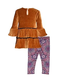 Girls 7-16 Tiered Velvet Top and Printed Leggings Set