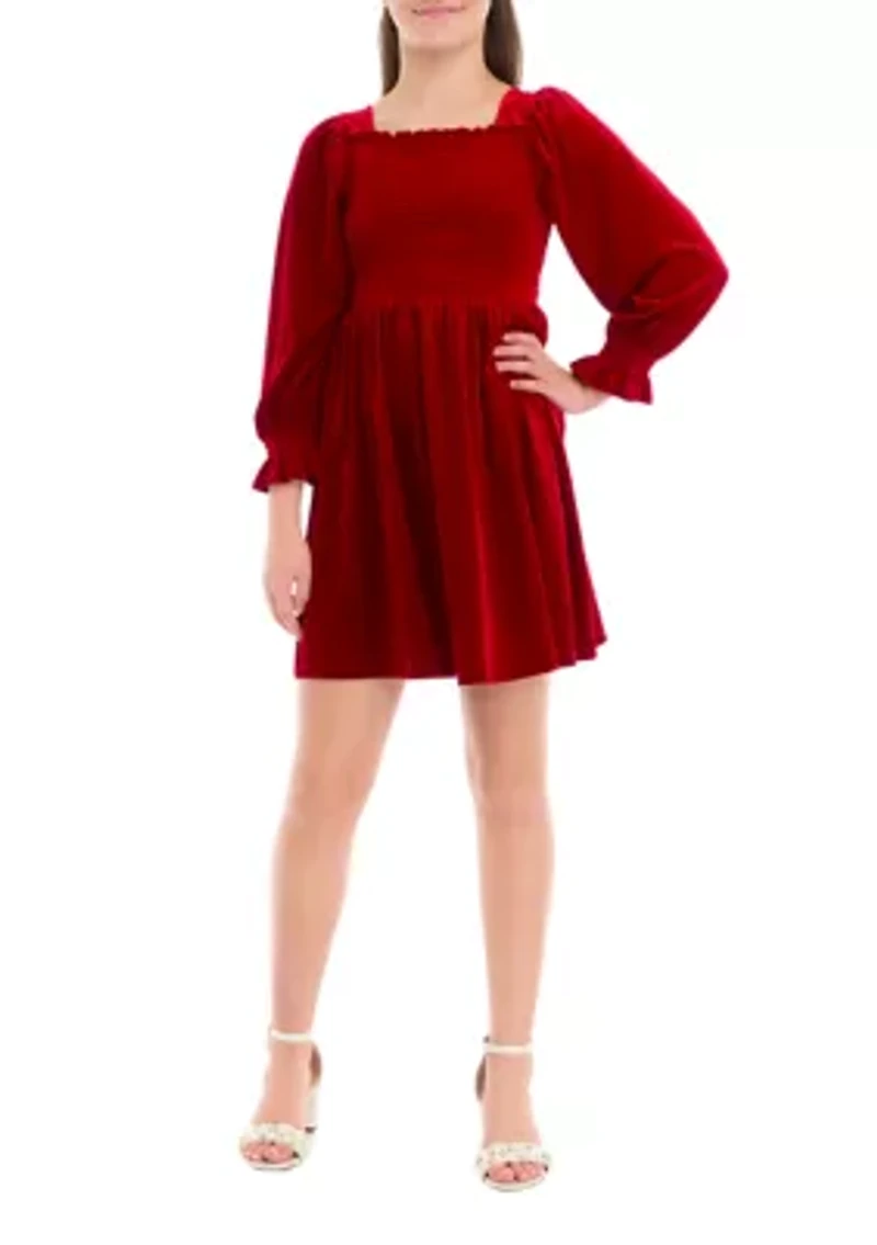 Girls 7-16 Long Sleeve Smocked Velvet Dress