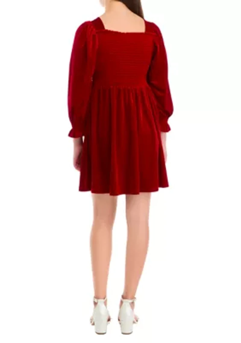Girls 7-16 Long Sleeve Smocked Velvet Dress