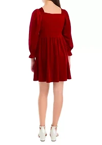 Girls 7-16 Long Sleeve Smocked Velvet Dress