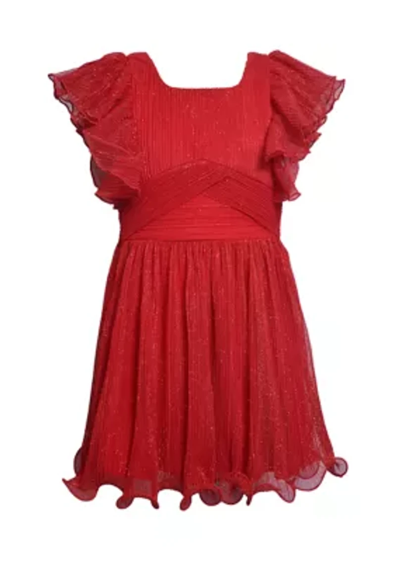 Girls 7-16 Red Sparkle Ruffle Sleeve Dress