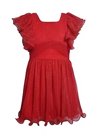 Girls 7-16 Red Sparkle Ruffle Sleeve Dress