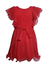 Girls 7-16 Red Sparkle Ruffle Sleeve Dress