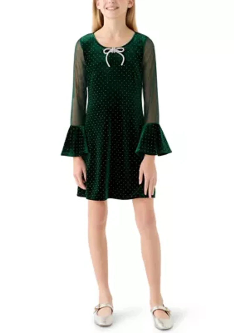 Girls 7-16 Green Sparkle Velvet Illusion Sleeve Dress